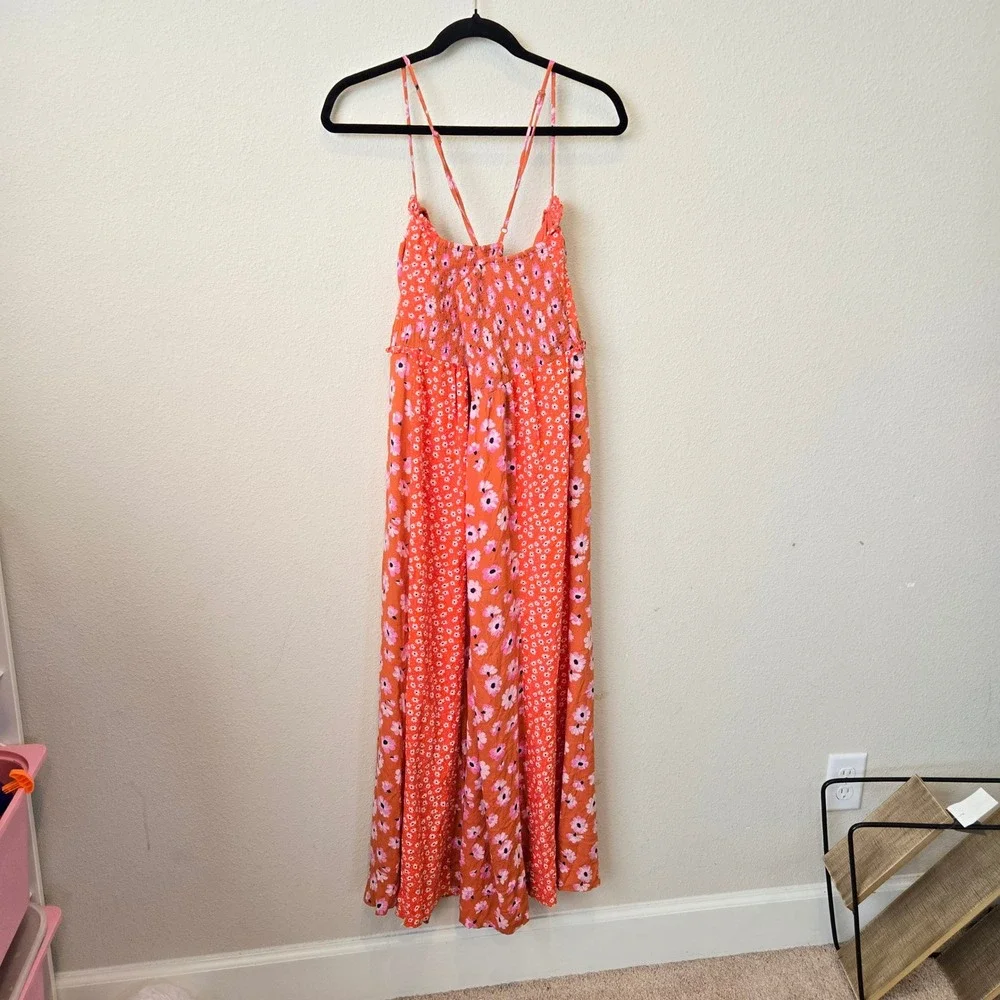 Free People Orange Floral Mixed Print Midi Dress XL, Boho‎ Cottagecore